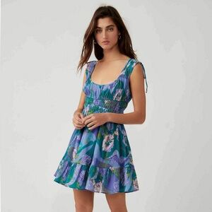 Floral Blue and Green Free People Vernon Mini Dress